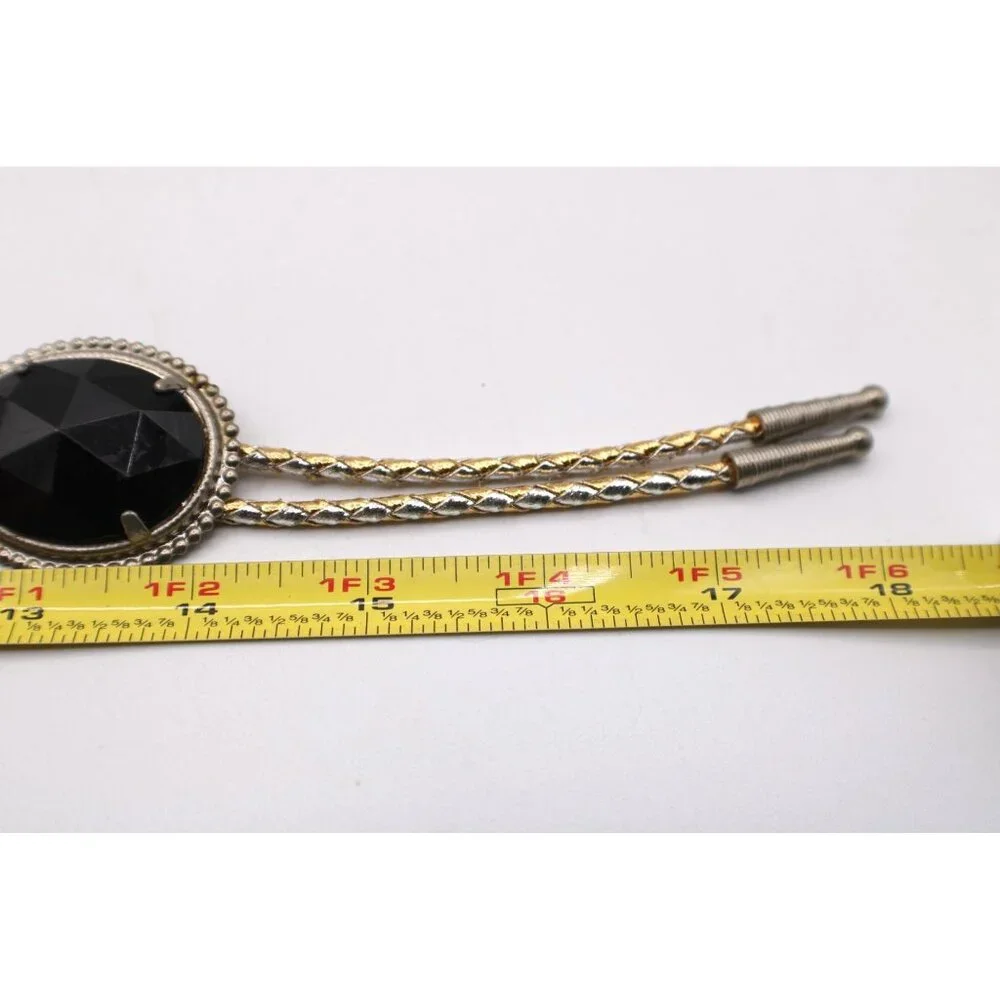 Black Jewel Acrylic Bolo Tie Silver & Gold Braided Cord Oval Faceted Western Vtg